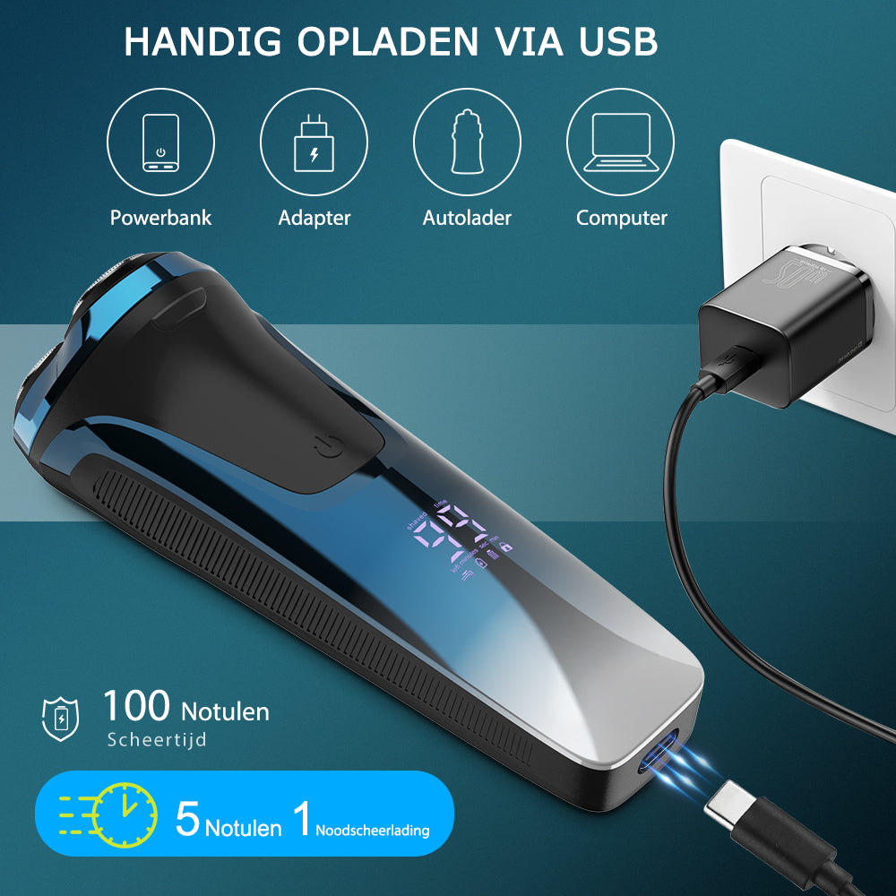 Scheerapparaat voor mannen Pro: Elektrisch nat en droog scheren, incl. GRATIS reisetui & 3 vervangende scheerkoppen