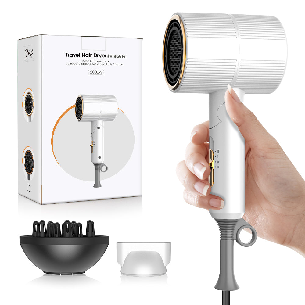 Qimmaol Velofold professionele ionische haardroger met concentrator en diffuser [Ultralicht / Handpalmformaat / Opvouwbaar / 250 g]