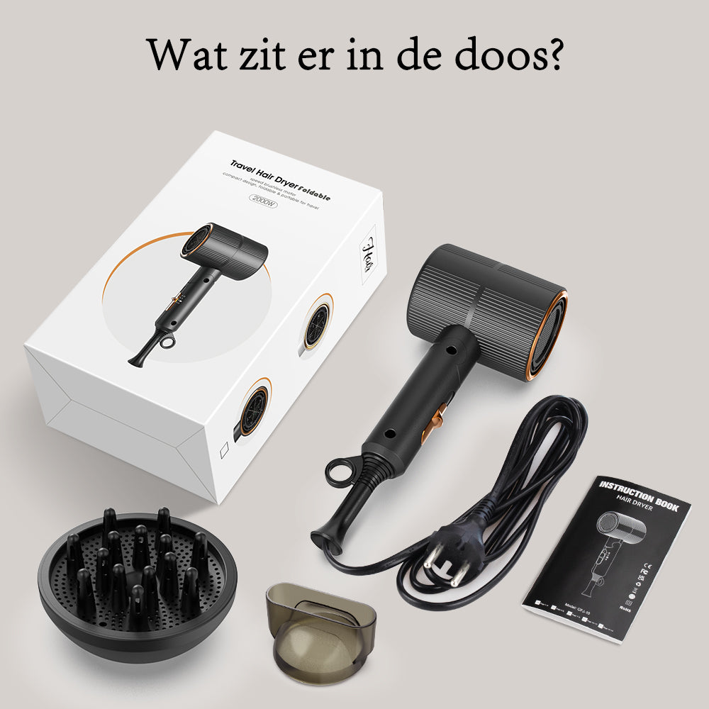 Qimmaol Velofold professionele ionische haardroger met concentrator en diffuser [Ultralicht / Handpalmformaat / Opvouwbaar / 250 g]