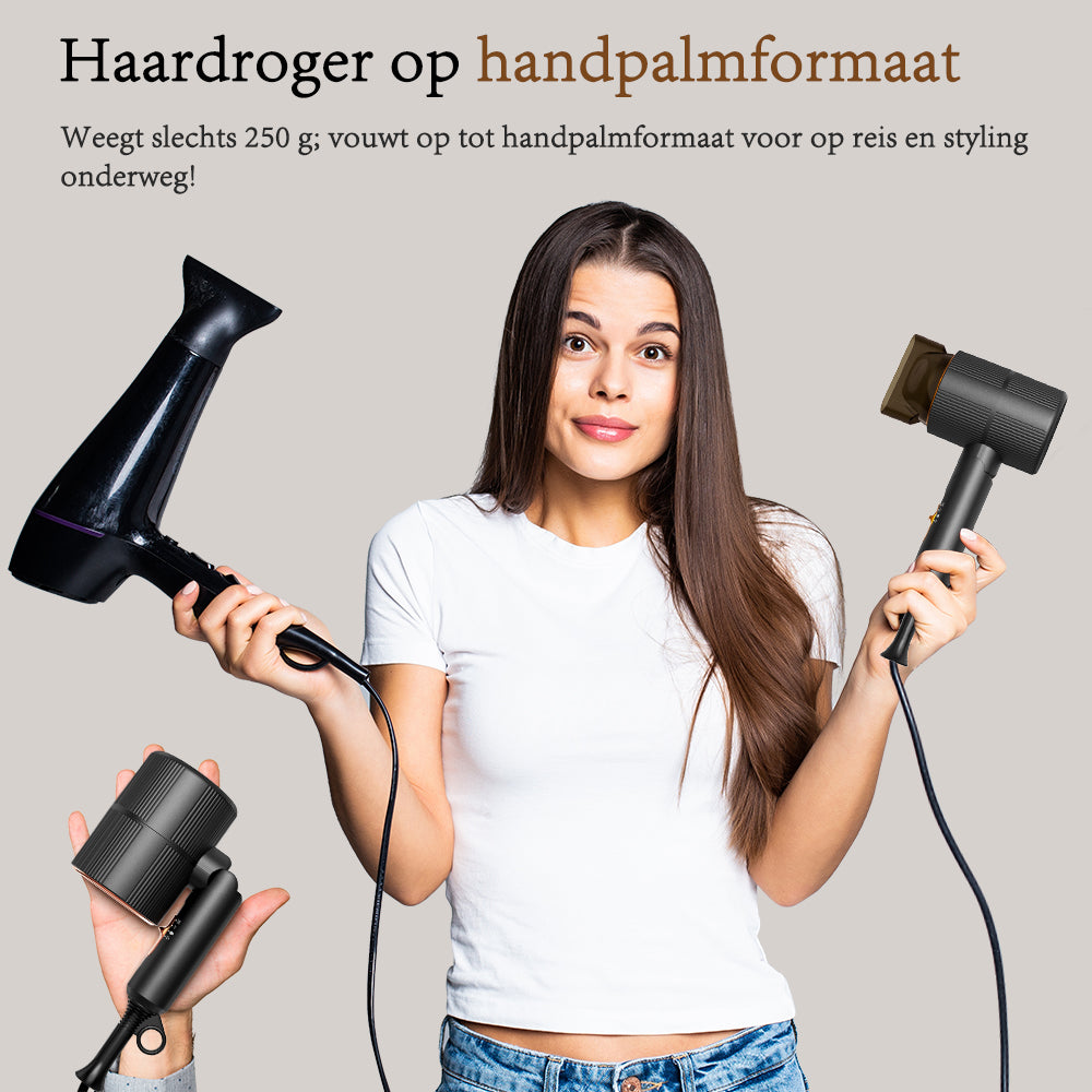 Qimmaol Velofold professionele ionische haardroger met concentrator en diffuser [Ultralicht / Handpalmformaat / Opvouwbaar / 250 g]