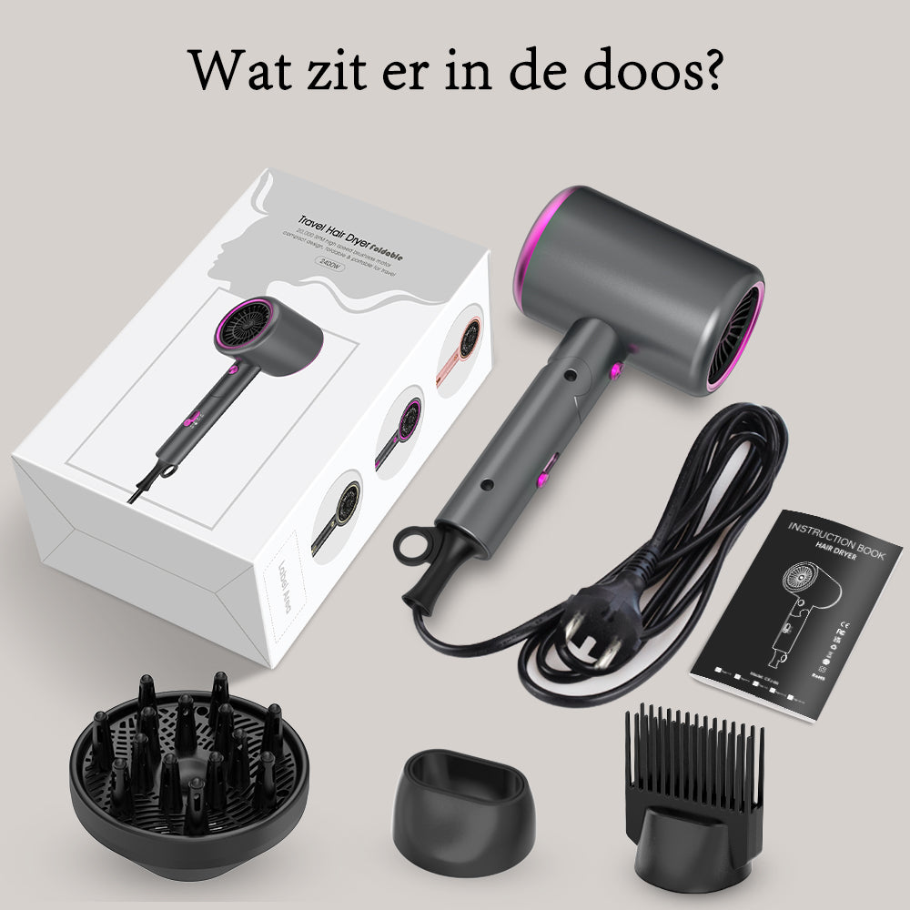 Qimmaol Velofold - Professionele Ionische Haardroger met Concentrator, Diffuser en Kam [Compact / Lichtgewicht / Opvouwbaar / 350 g]