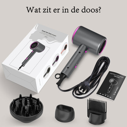 Qimmaol Velofold - Professionele Ionische Haardroger met Concentrator, Diffuser en Kam [Compact / Lichtgewicht / Opvouwbaar / 350 g]